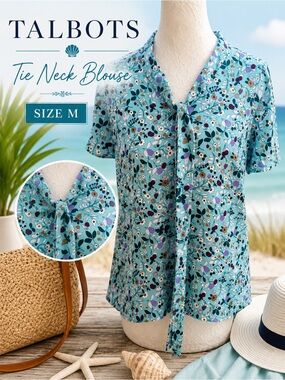 Talbots Floral Tie Neck Blouse Size M Aqua Blue Cottagecore Coastal